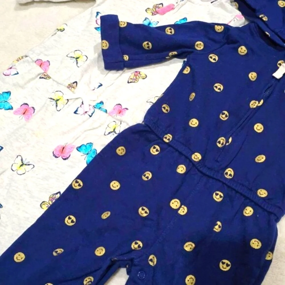 Carters Baby Girls Hooded Romper Jumpsuit 2 Pack Butterfly Smiley Face EUC 12M